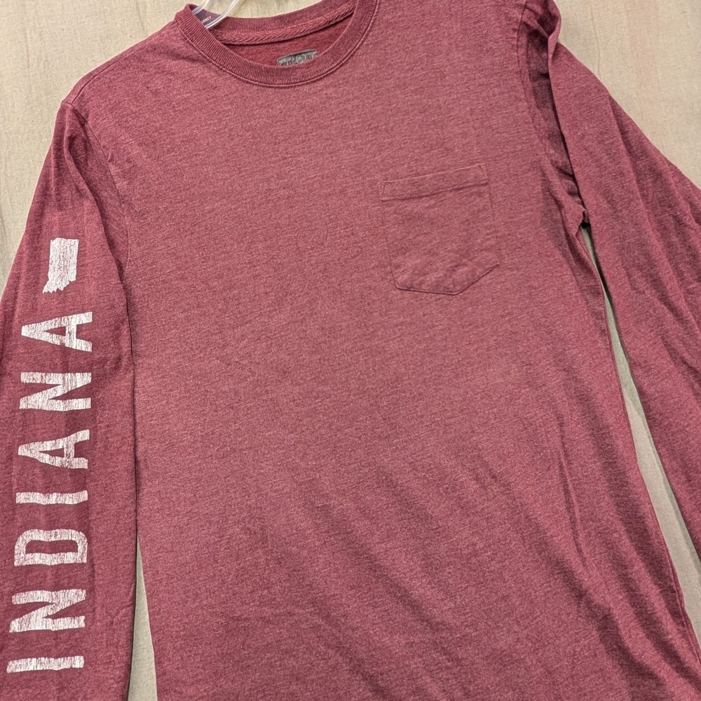 State of Mine Indiana Long Sleeve Pocket T-Shirt Maroon Small Distressed Graphic